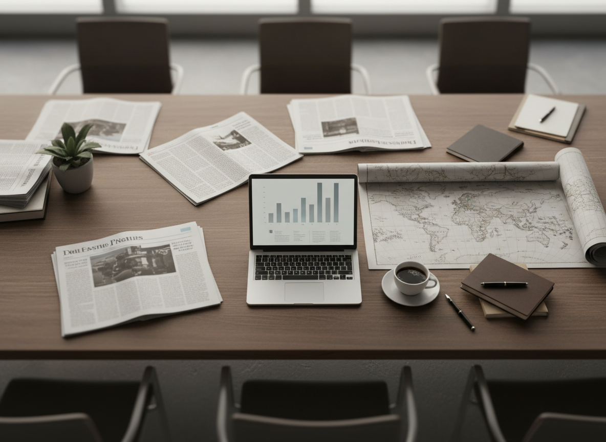 A wide overhead view of a newsroom desk with newspapers, an open laptop showing muted charts, a world map, and a coffee cup in warm daylight.