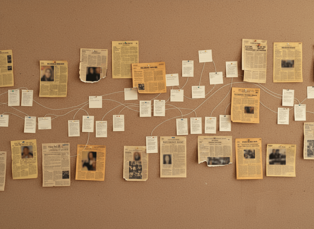 A wall of pinned news clippings and index cards connected by string on a neutral corkboard, representing a timeline of political events.